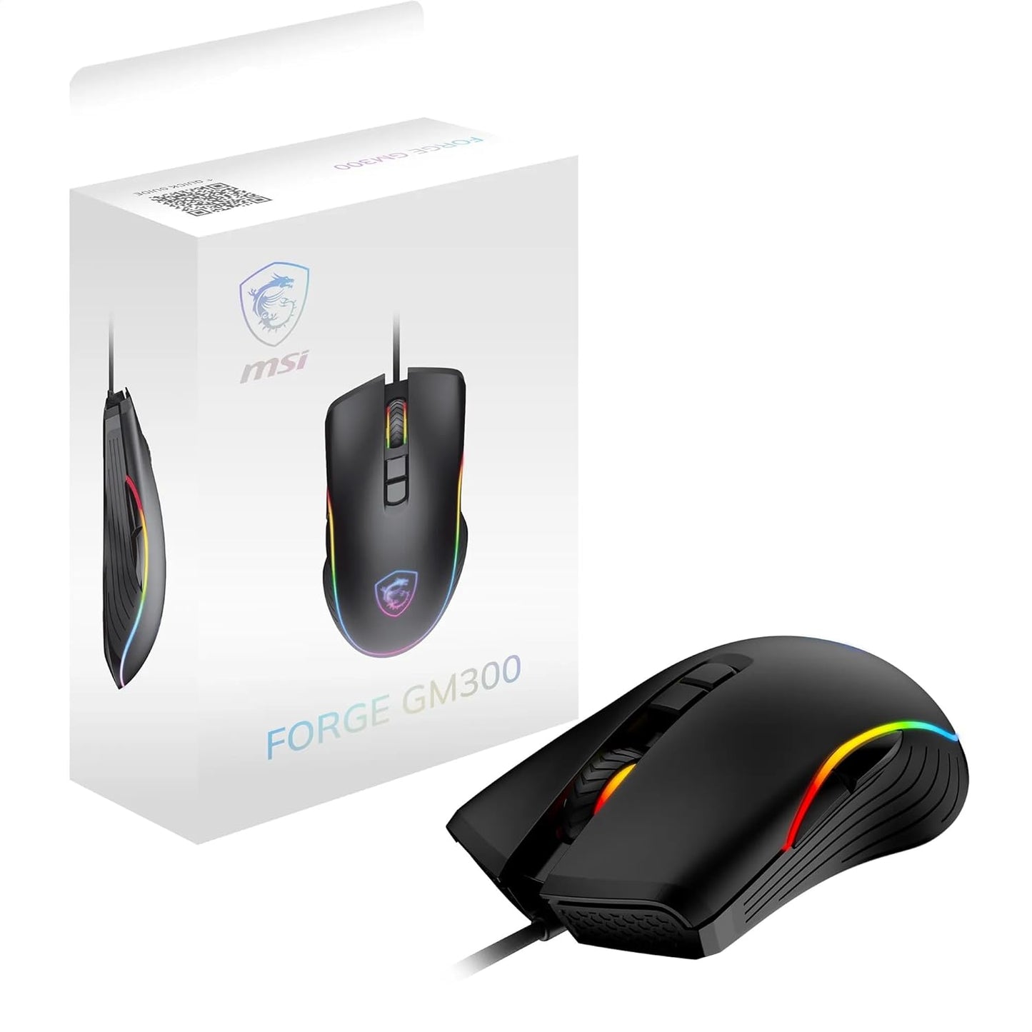 MSI FORGE GM300 Gaming Mouse - 7200DPI Optical Sensor, Symmetrical, 10M+ Click Switches, 7-Buttons, 8ms Latency, RGB LED, 118g - Wired