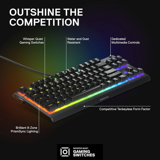 SteelSeries Apex 3 TKL - RGB Gaming Keyboard - Tenkeyless Compact Esports Form Factor - 8-Zone RGB Illumination - IP32 Water & Dust Resistant - English QWERTY Layout , Black