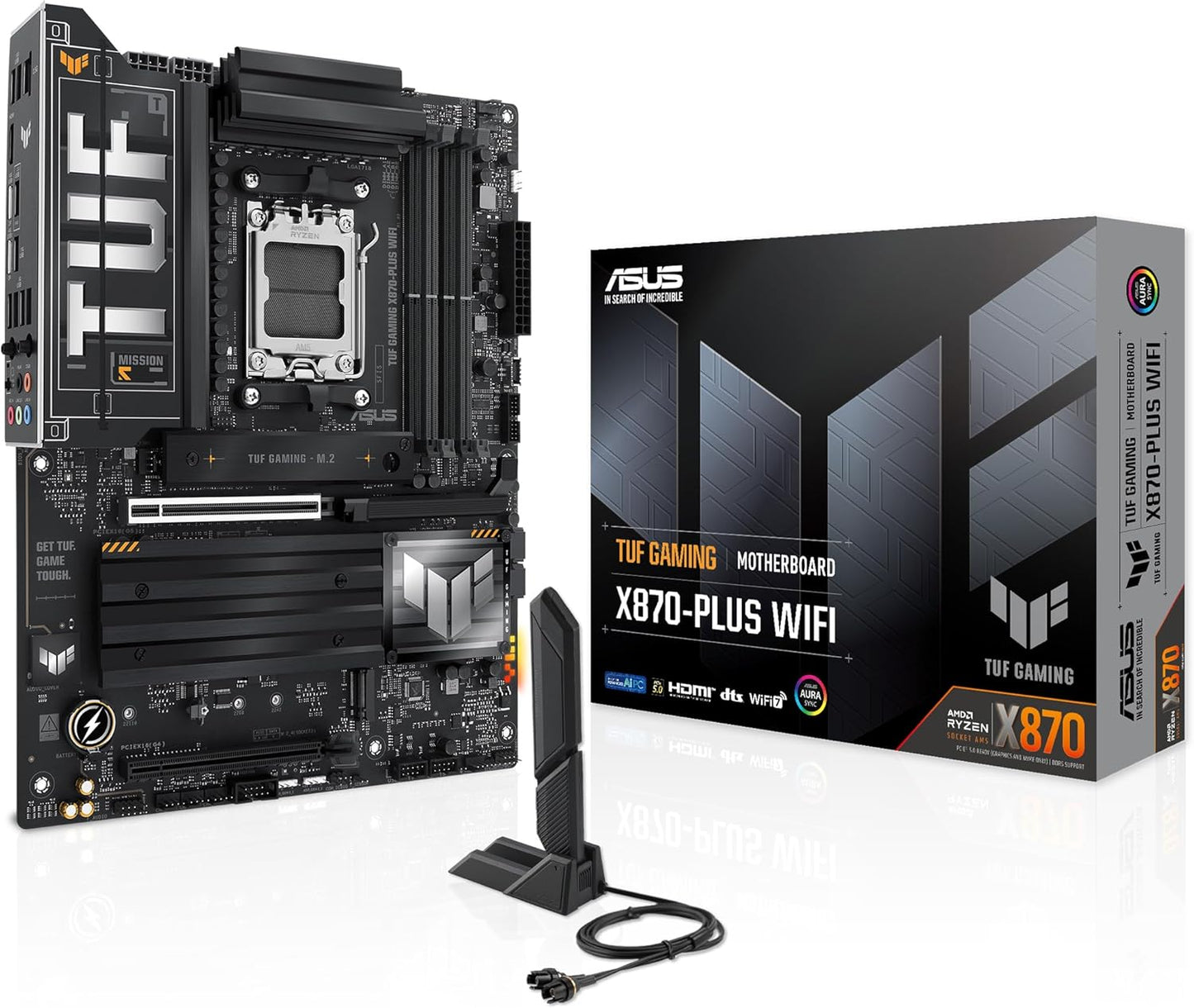 ASUS TUF GAMING X870-PLUS WIFI AMD ATX motherboard, 16+2+1(80A) power stages, DDR5, PCIe 5.0 w/ full support for next-gen GPUs, 4 x M.2 slots, WiFi 7, USB4, front USB 20Gbps w/ PD Fast Charge