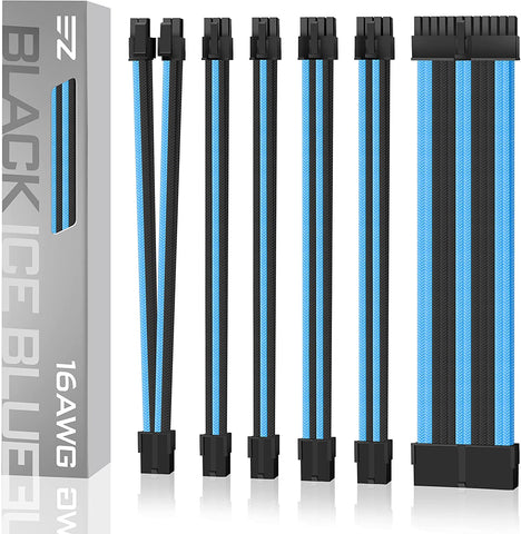 EZDIY-FAB Sleeved Cable - Cable Extension for Power Supply with Extra Sleeved 24 PIN 8PIN 6PIN 4+4 PIN with Combs-Ice Blue and Black