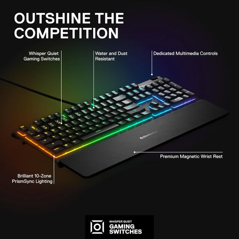 SteelSeries Apex 3 RGB Gaming Keyboard Lighting and Wrist Rest