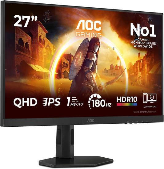 AOC Q27G4XF 27 inch WQHD Gaming Monitor 180Hz, Fast IPS Panel, 1ms GtG, HDR10, G-Sync Compatible, Height Adjustment, (2560x1440 HDMI 1x 2.0 DP 1x 1.4) Black