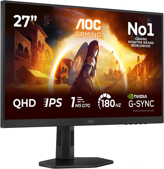 AOC Gaming Q27G4XD - 27 Inch Quad HD Monitor, 180 Hz, 1 ms, FreeSync. Prem., G-Sync comp., HDR400 (2560x1440, 2X HDMI 2.0, 1x DisplyPort 1.4), Black