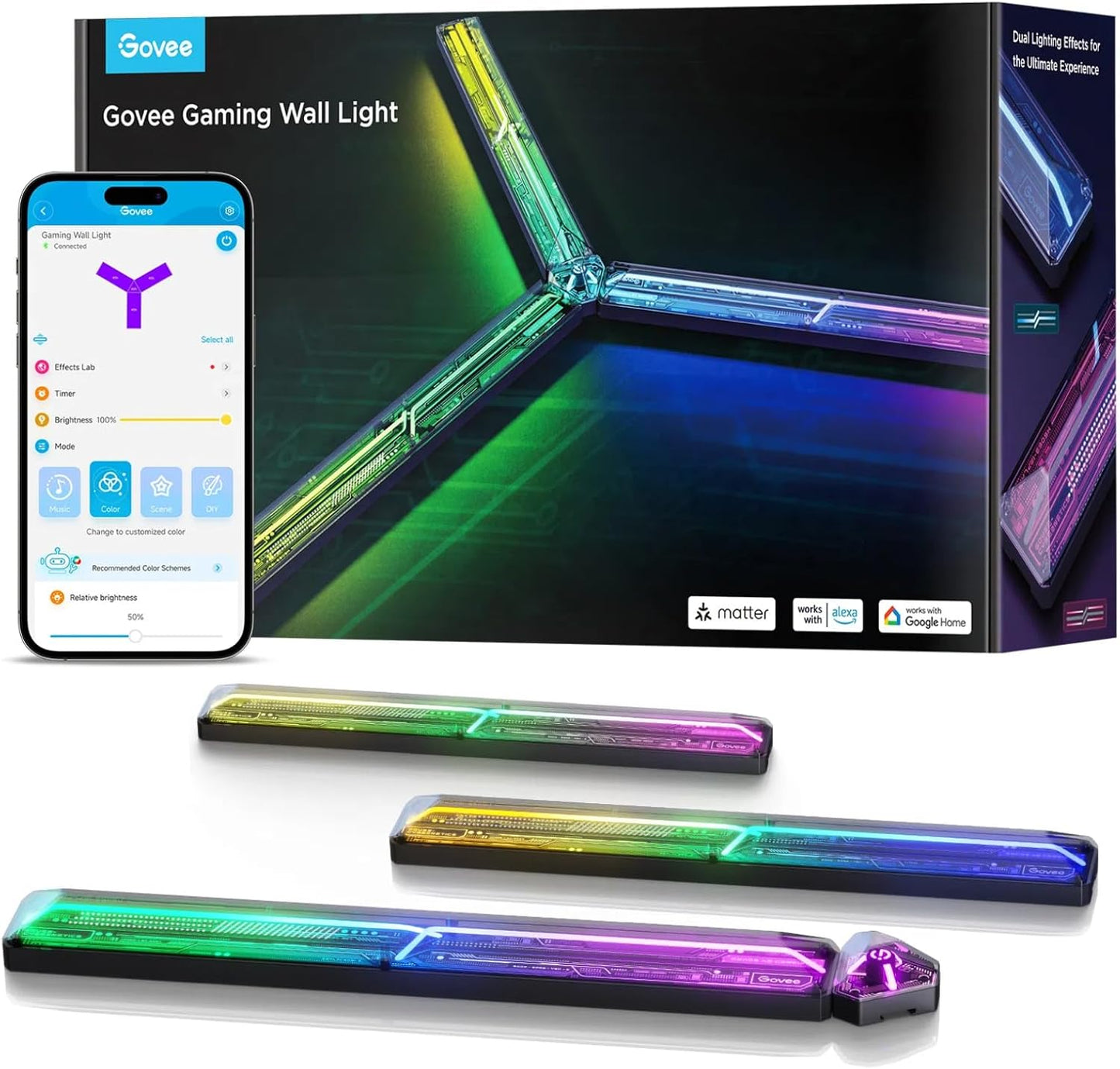 Govee LED Gaming Glide Wall Light, RGBIC Wall Lamp with DIY Cyberpunk Style Shapes and Multicolours, 60+ Scenes Lighting Effects, Smart Light Work with Matter and Alexa, 3pcs and 1 Connector [Energy Class G]