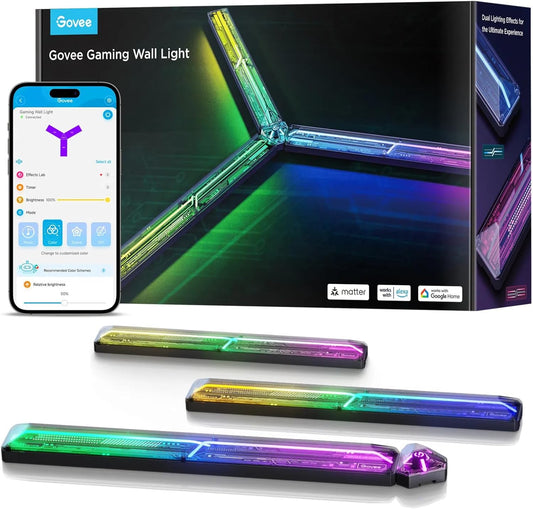 Govee LED Gaming Glide Wall Light, RGBIC Wall Lamp with DIY Cyberpunk Style Shapes and Multicolours, 60+ Scenes Lighting Effects, Smart Light Work with Matter and Alexa, 3pcs and 1 Connector [Energy Class G]