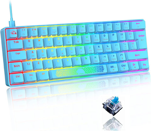 60% Compact Type c Usb Wired Blue Mechanical Keyboard UK, Blue Switch, RGB Backlit Rainbow LED, Anti-Ghosting, Media Keys, Laser carving, Ergonomic