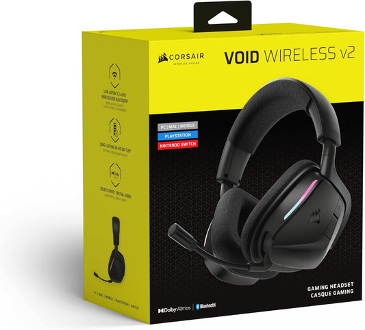 Corsair VOID v2 Wireless Gaming Headset with Bluetooth for PC, PS5, PS4, Switch, Mobile – Dolby Atmos, 70 Hr Battery, Dual Wireless, Lightweight, Fast Charging – Carbon