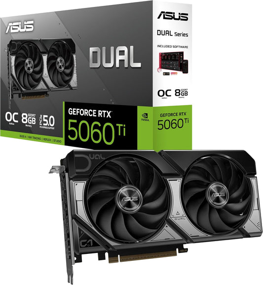 ASUS Dual GeForce RTX 5060 Ti 8GB GDDR7 OC Edition (PCIe 5.0, 8GB GDDR7, DLSS 4, HDMI 2.1b, DisplayPort 2.1b, 2.5-slot design, Axial-tech fan design, 0dB technology, and more)