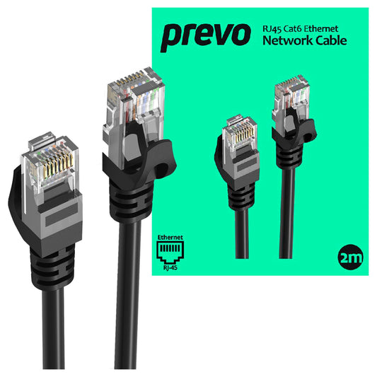 Prevo CAT 6 2M Network Cable, RJ45 (M) to RJ45 (M), CAT6, 2m, Black, Oxygen Free Copper Core, Sturdy PVC Outer Sleeve & Clip Protector, Retail Box Packaging