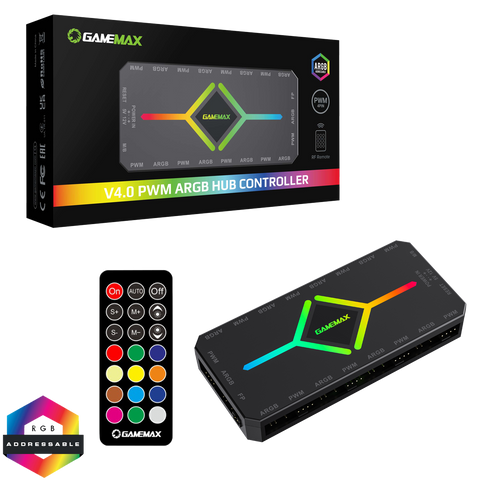 GameMax V4.0 ARGB PWM 9 Port Black Fan Hub With SATA Power and RF Remote