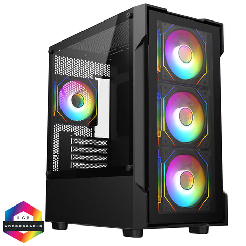 CIT Bolt Black Micro-ATX Gaming Case With 4 x 120mm ARGB Infinity Fans and Tempered Glass Panels With 30 Percent Tint