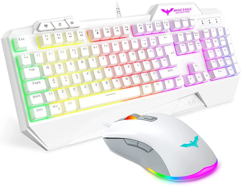 Gaming Keyboard {UK Layout}, HAVIT Rainbow LED Backlit Wired Keyboard and Mouse Combo Set, White