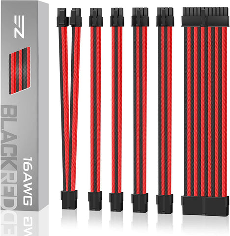 EZDIY-FAB Sleeved Cable - Cable Extension For Power Supply with Extra Sleeved 24 PIN 8PIN 6PIN 4+4 PIN with Combs-Black Red