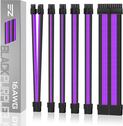 EZDIY-FAB Sleeved Cable - Cable Extension for Power Supply with Extra Sleeved 24 PIN 8PIN 6PIN 4+4 PIN with Combs-Black and Purple