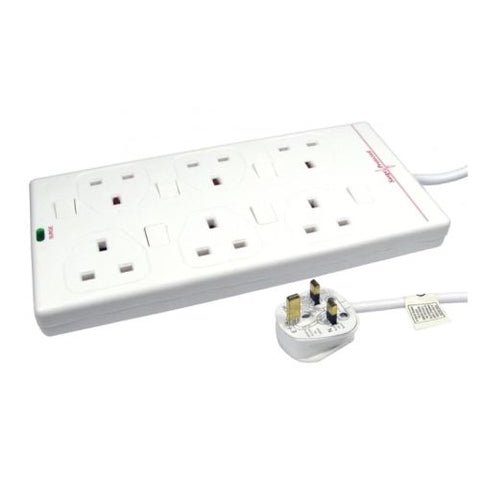 Mains Power Multi Socket Extension Lead, 6-Way, 3M Cable, Surge Protected, Individually Switched