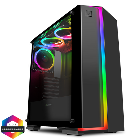 GameMax Starlight RGB Mid-Tower Gaming Case Rainbow Strip and 3x Fan Bundle Sync Hub Glass Side Panel